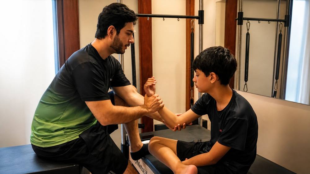 Lucca no Pilates com o instrutor no Espaço Saúde