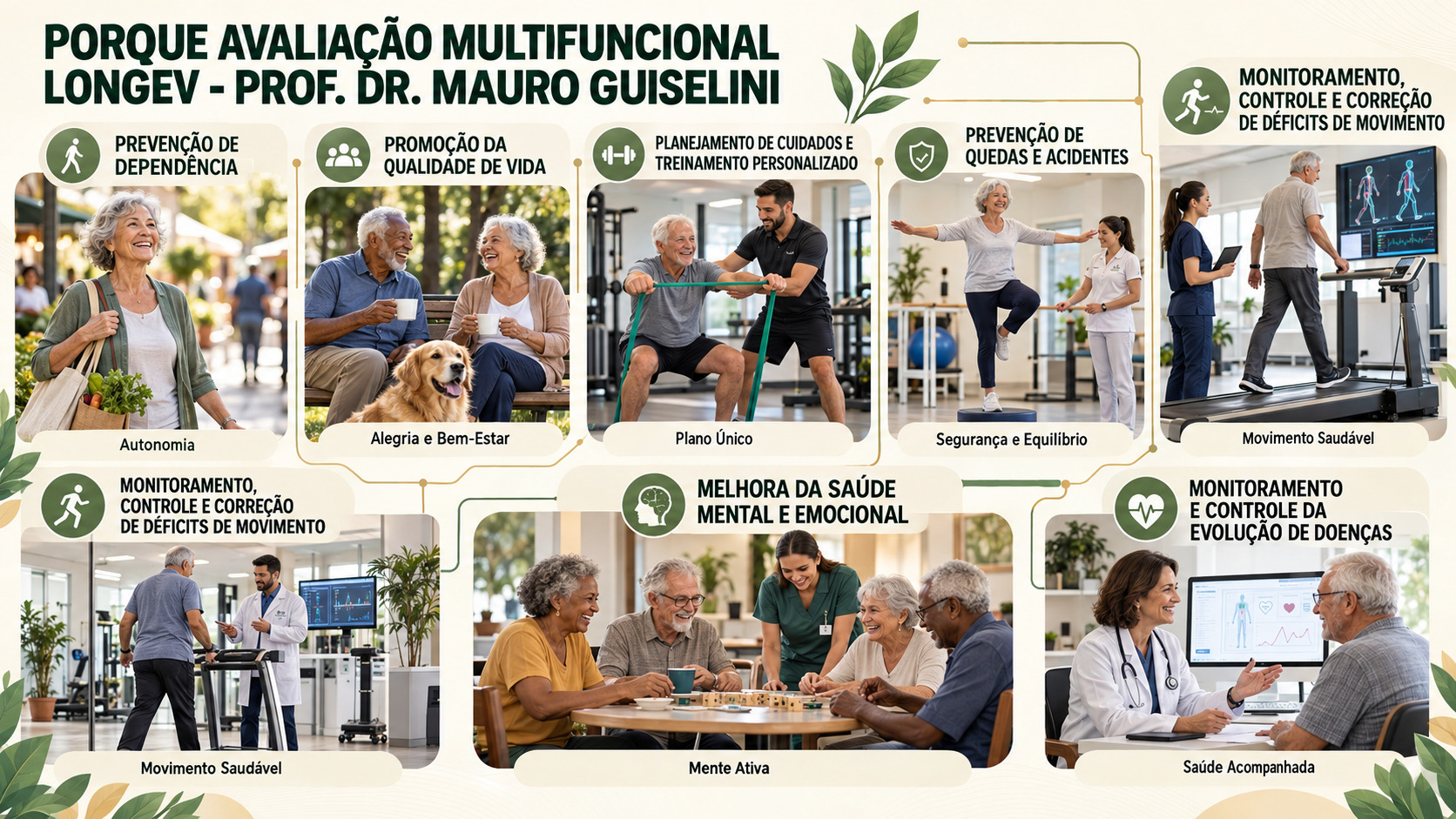 Infográfico sobre os benefícios e objetivos da Avaliação Multifuncional LONGEV